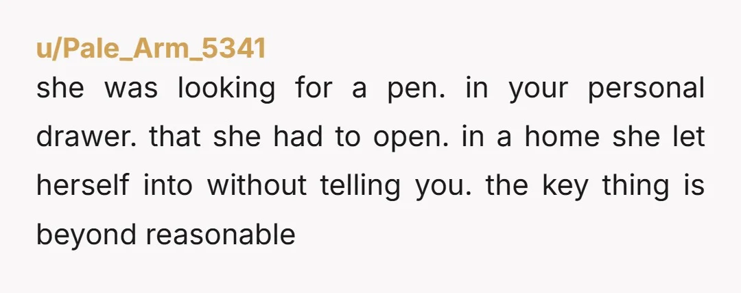 u/Pale_Arm_5341 she was looking for a pen. in your personal drawer. that she had to open. in a home she let herself into without telling you. the key thing is...