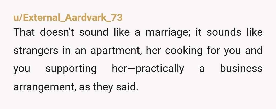 u/External_Aardvark_73 That doesn't sound like a marriage; it sounds like strangers in an apartment, her cooking for you and you supporting her—practically a business arrangement, as they said.