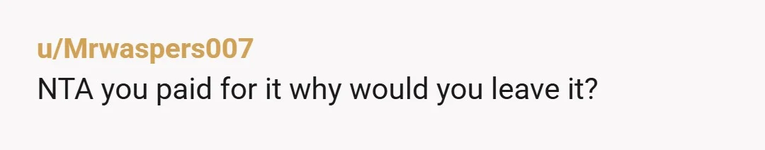 u/Mrwaspers007
NTA you paid for it why would you leave it?