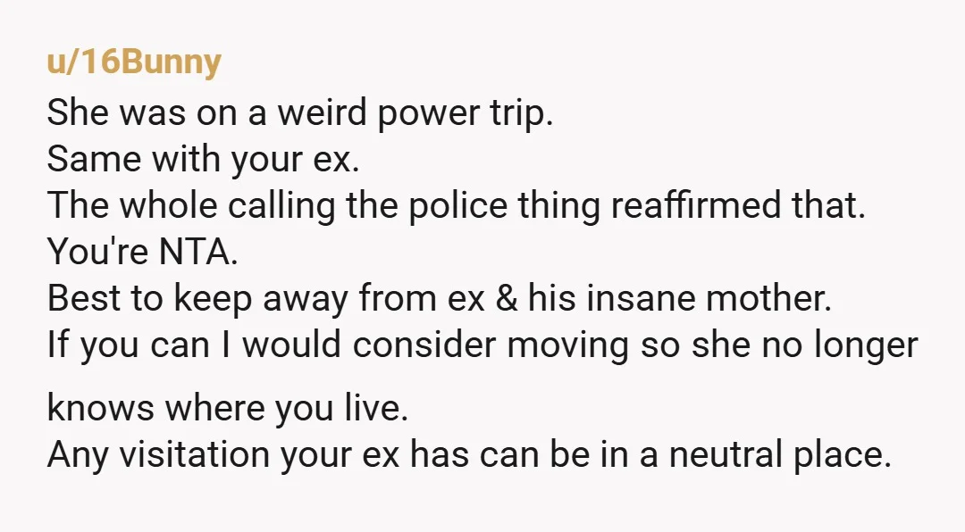 u/Wonderful_Nerve_8308 NTA the police officer told you that your ex mom said you haven't responded in 3 days? I think you just got the perfect opportunity to report her to...