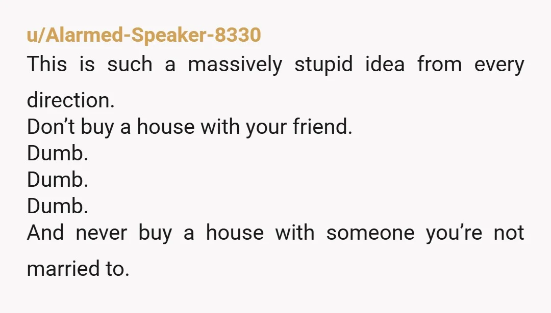 u/Alarmed-Speaker-8330 This is such a massively stupid idea from every direction. Don’t buy a house with your friend. Dumb. Dumb. Dumb. And never buy a house with someone you’re not...