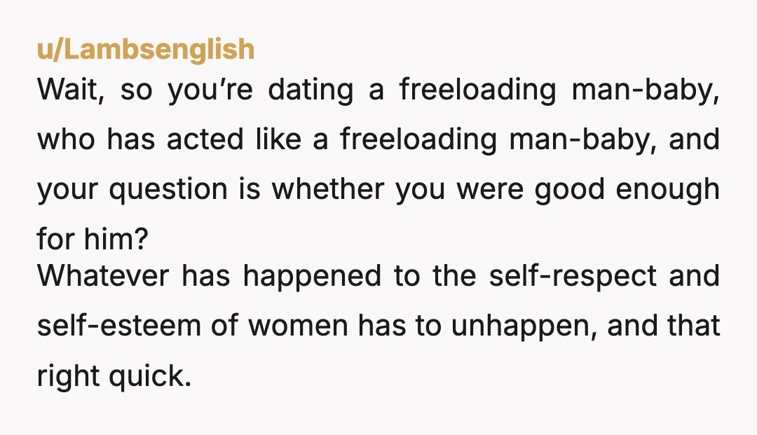 u/Lambsenglish Wait, so you’re dating a freeloading man-baby, who has acted like a freeloading man-baby, and your question is whether you were good enough for him? Whatever has happened to...