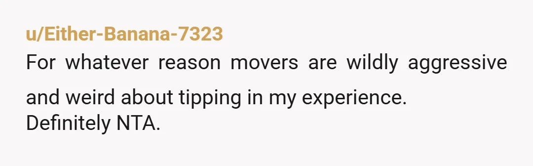 u/LostNTheNoise I recently moved and the mover hinted at a tip in the middle of packing, and then at the end, he just hovered and mentioned that he took cash...