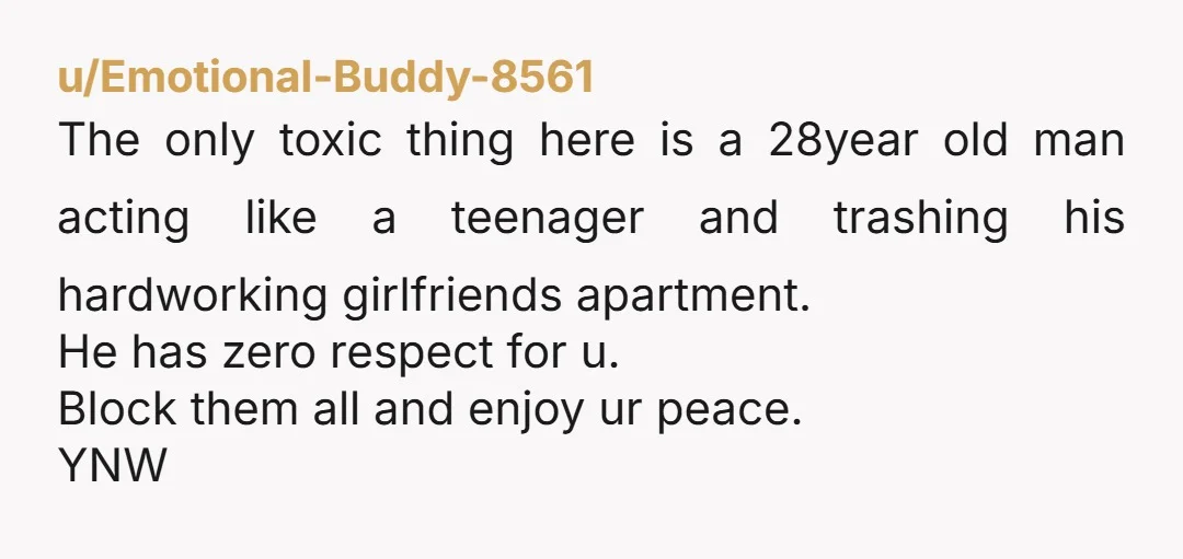 u/Emotional-Buddy-8561 The only toxic thing here is a 28year old man acting like a teenager and trashing his hardworking girlfriends apartment. He has zero respect for u. Block them all...