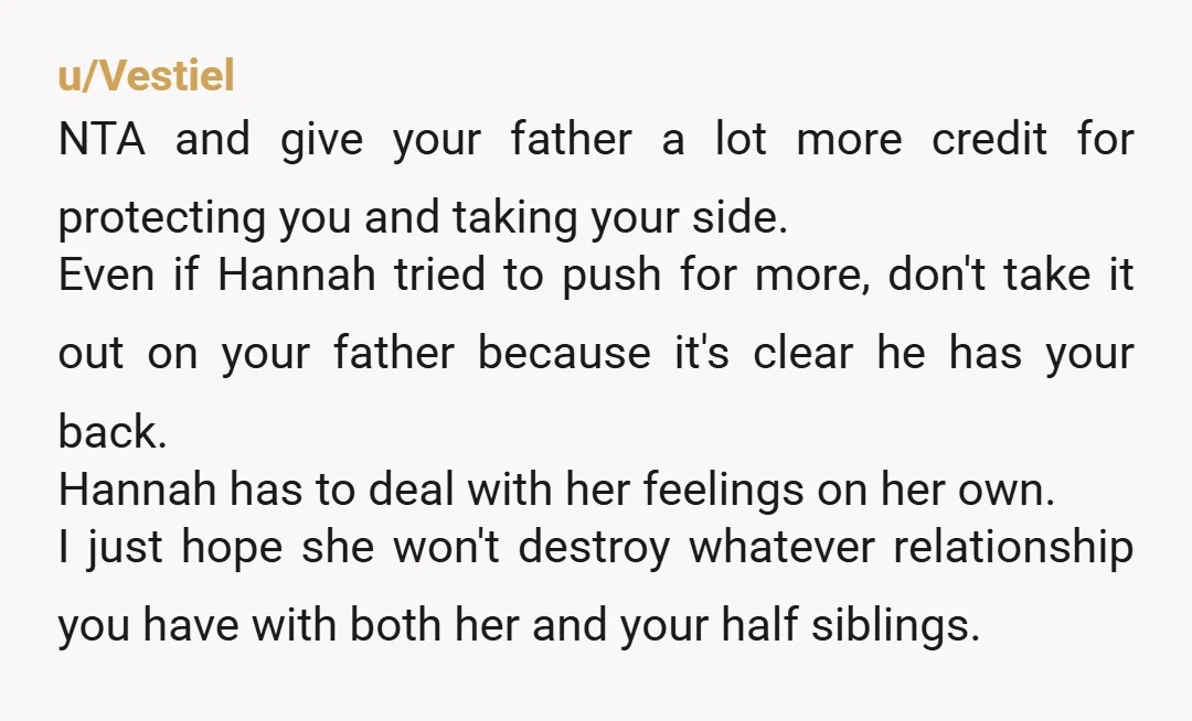 u/Vestiel NTA and give your father a lot more credit for protecting you and taking your side. Even if Hannah tried to push for more, don't take it out on...