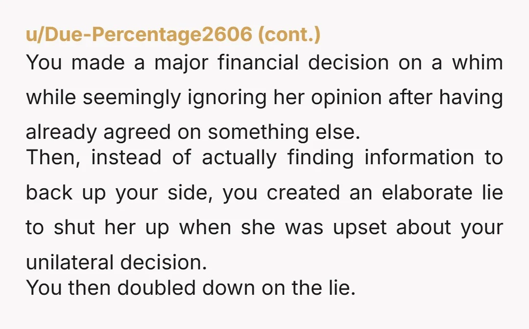 u/HavocHeaven YTA, really weird to lie to your wife about a bunch of make-believe people online agreeing with your opinion to "win" an argument. Lying- especially for stupid mundane reasons...