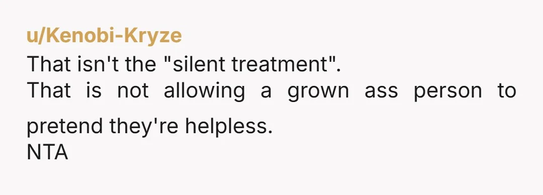 u/Kenobi-Kryze That isn't the "silent treatment". That is not allowing a grown ass person to pretend they're helpless. NTA