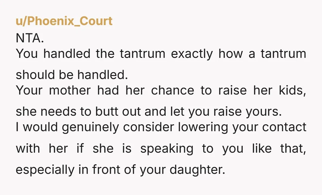 u/Phoenix_Court NTA. You handled the tantrum exactly how a tantrum should be handled. Your mother had her chance to raise her kids, she needs to butt out and let you...