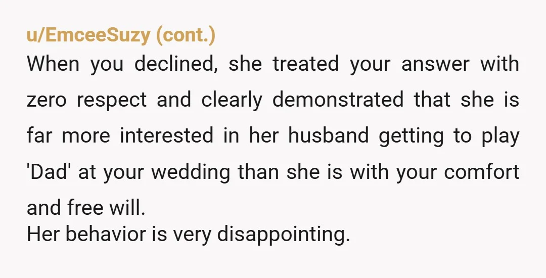 u/z-eldapin
Mom, I was not raised by him.
I was 17.
The parenting was not done by him.
He is your plus one, not my plus father