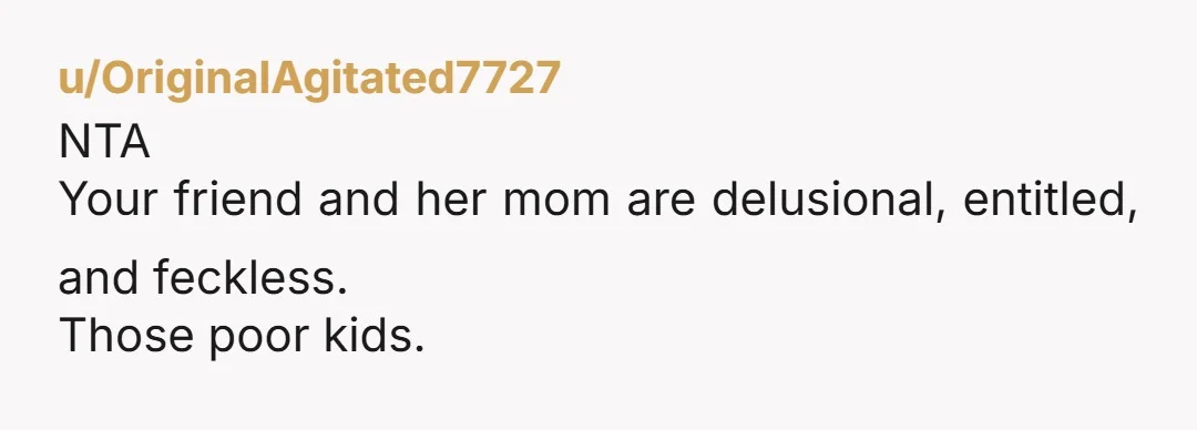 u/OriginalAgitated7727 NTA Your friend and her mom are delusional, entitled, and feckless. Those poor kids.