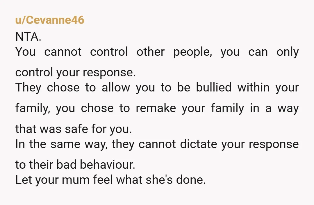 u/Cevanne46 NTA. You cannot control other people, you can only control your response. They chose to allow you to be bullied within your family, you chose to remake your family...