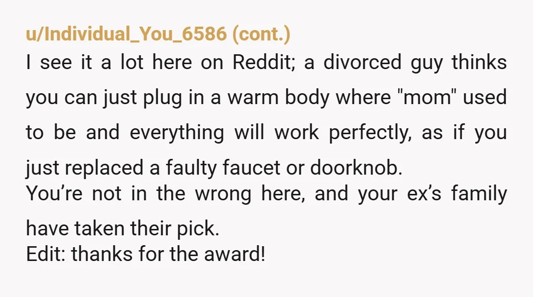 she claims seeing my kids happy to see me and talking and cuddling with me sent her over the edge because it was like she wasn't my ex's wife and...