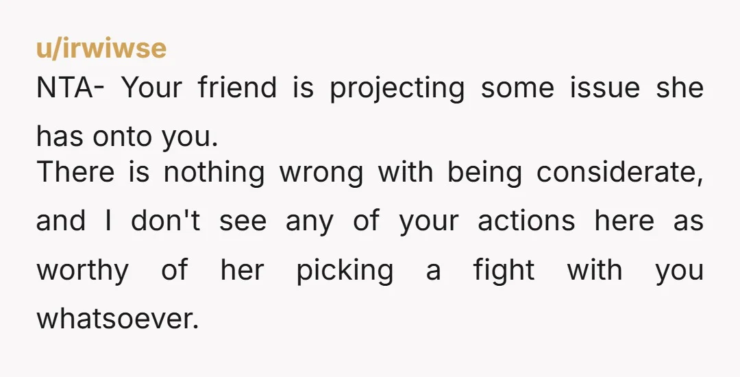 u/irwiwse NTA- Your friend is projecting some issue she has onto you. There is nothing wrong with being considerate, and I don't see any of your actions here as worthy...