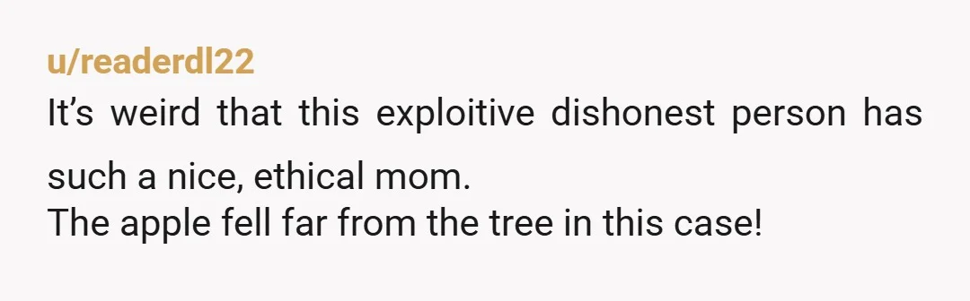 u/readerdl22
It’s weird that this exploitive dishonest person has such a nice, ethical mom.
The apple fell far from the tree in this case!