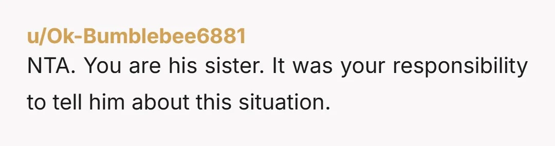 u/Ok-Bumblebee6881 NTA. You are his sister. It was your responsibility to tell him about this situation.
