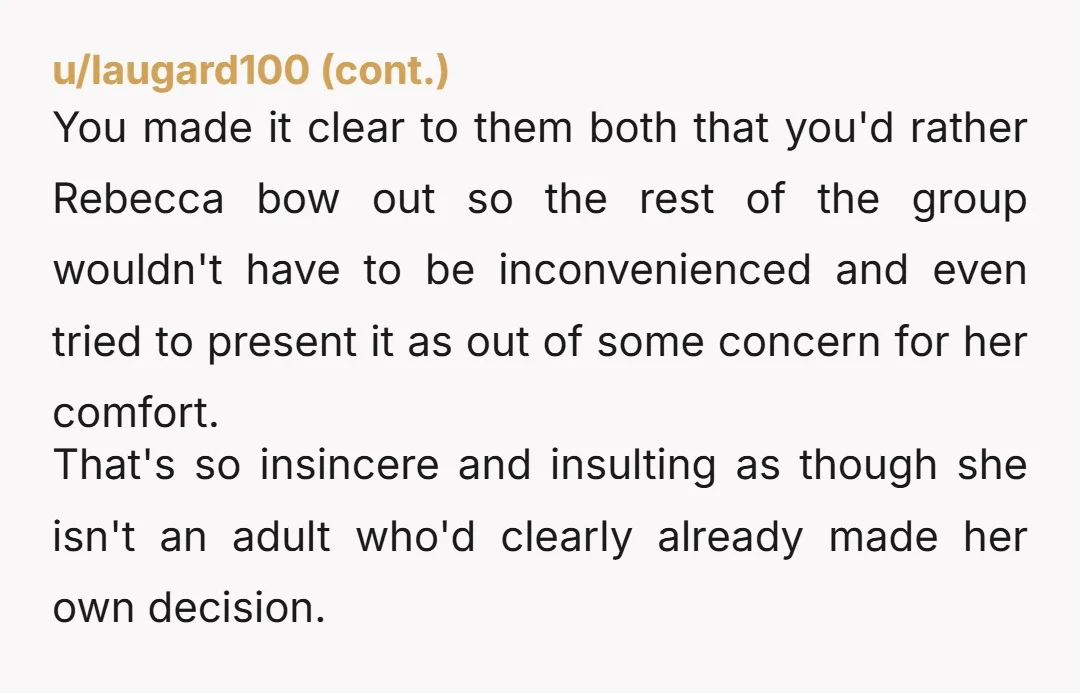 u/ultimatesurprise_ YTA, why did you single Rebecca out? Messaging Ruben might’ve been fine based on your reasoning, but doubling down after they both backed out is an AH move —...