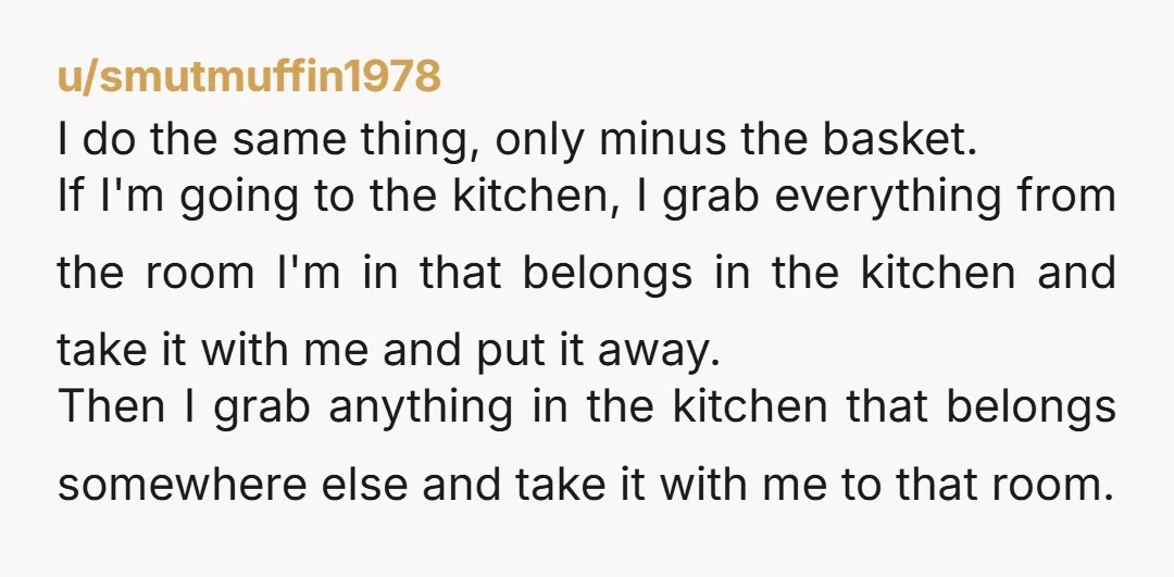 u/smutmuffin1978 I do the same thing, only minus the basket. If I'm going to the kitchen, I grab everything from the room I'm in that belongs in the kitchen and...