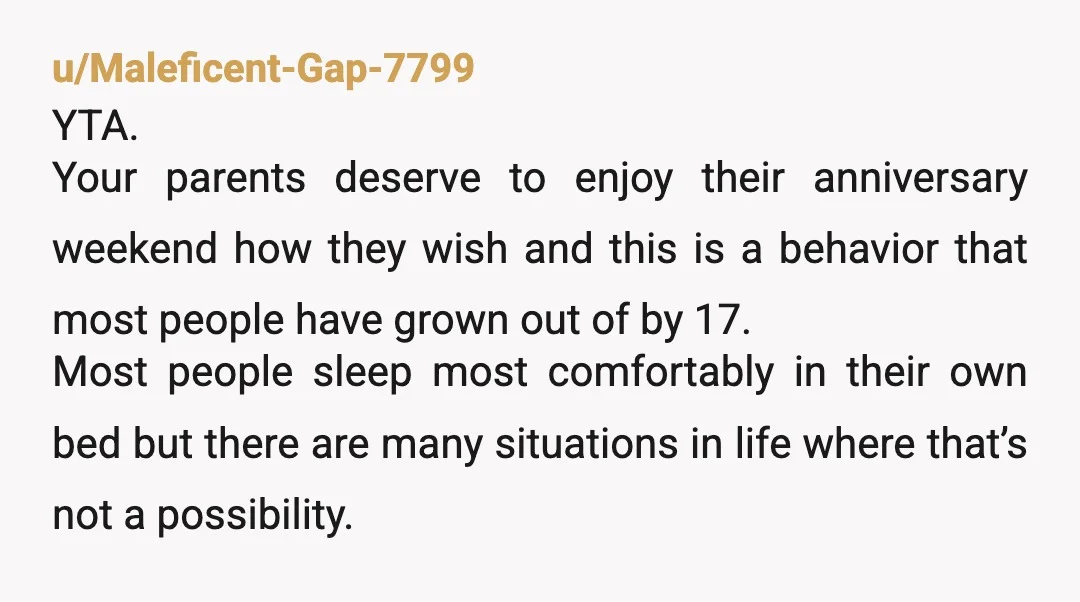 u/Maleficent-Gap-7799 YTA. Your parents deserve to enjoy their anniversary weekend how they wish and this is a behavior that most people have grown out of by 17. Most people sleep...