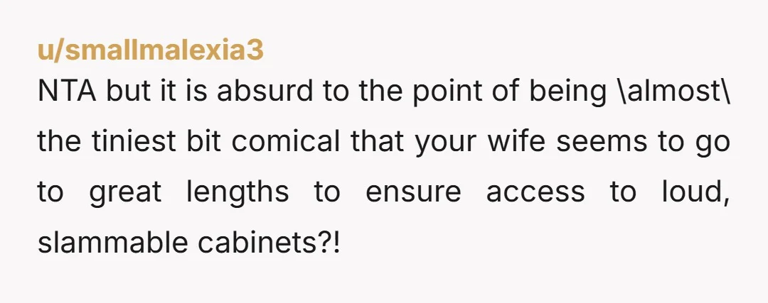 u/belle-4 I’d go and buy all the soft close hinges and drawer slides you can find on eBay, OfferUp of FB marketplace. Your wife seems to have little regard for...
