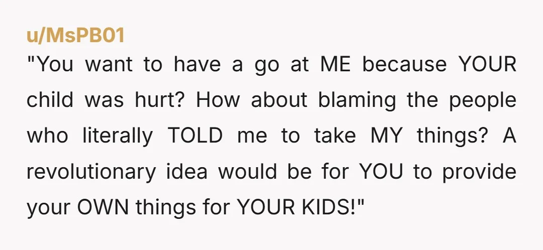 u/MsPB01 "You want to have a go at ME because YOUR child was hurt? How about blaming the people who literally TOLD me to take MY things? A revolutionary idea...