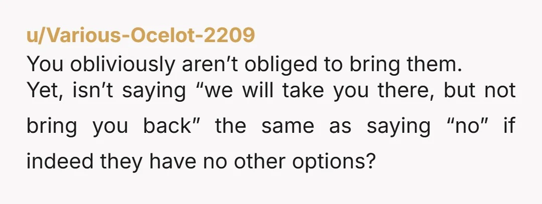 u/Various-Ocelot-2209 You obliviously aren’t obliged to bring them. Yet, isn’t saying “we will take you there, but not bring you back” the same as saying “no” if indeed they have...