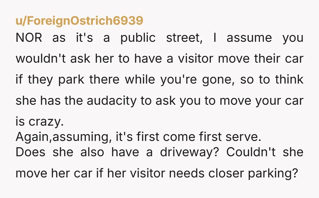 u/whataablunder NOR it's absurd that your neighbor expects you to move your car from in front of YOUR HOUSE so your guests can park there. This is something I've battled...