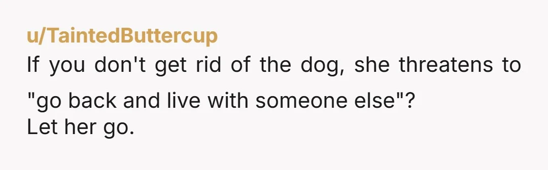 u/spicyandstrange First it's the dog she tries to get rid of. Then it's your stuff. Then it's change everything about you and the home to her liking. She thinks it's...