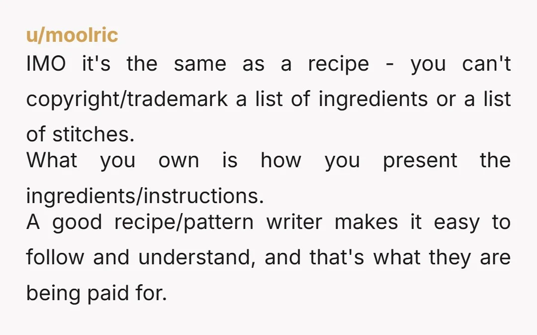u/moolric IMO it's the same as a recipe - you can't copyright/trademark a list of ingredients or a list of stitches. What you own is how you present the ingredients/instructions....