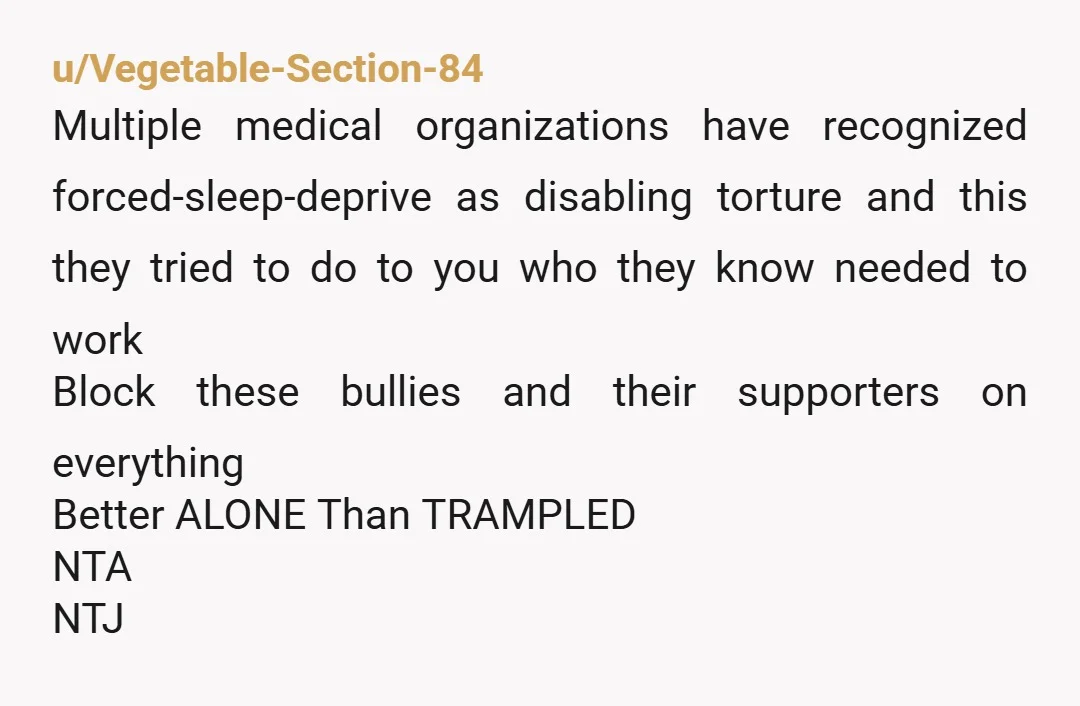 u/Vegetable-Section-84 Multiple medical organizations have recognized forced-sleep-deprive as disabling torture and this they tried to do to you who they know needed to work Block these bullies and their supporters...