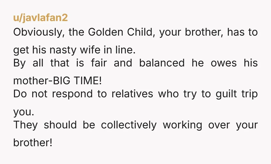u/javlafan2 Obviously, the Golden Child, your brother, has to get his nasty wife in line. By all that is fair and balanced he owes his mother-BIG TIME! Do not respond...