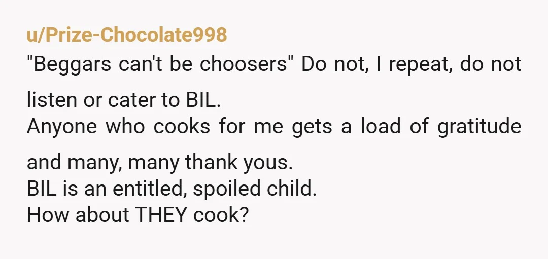 u/Prize-Chocolate998 "Beggars can't be choosers" Do not, I repeat, do not listen or cater to BIL. Anyone who cooks for me gets a load of gratitude and many, many thank...