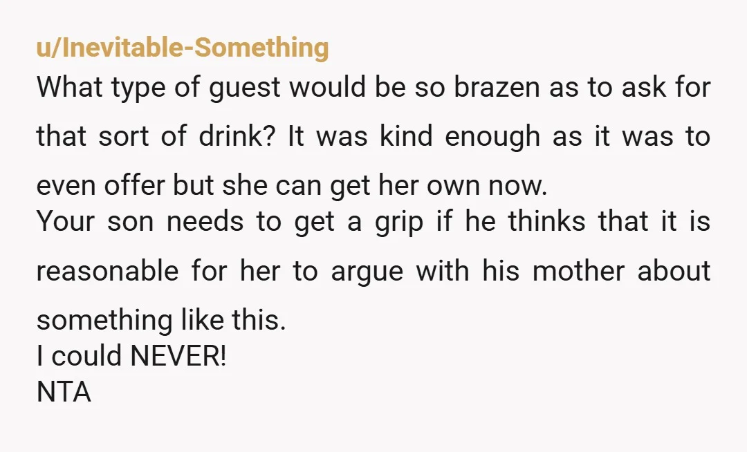 u/Inevitable-Something What type of guest would be so brazen as to ask for that sort of drink? It was kind enough as it was to even offer but she can...