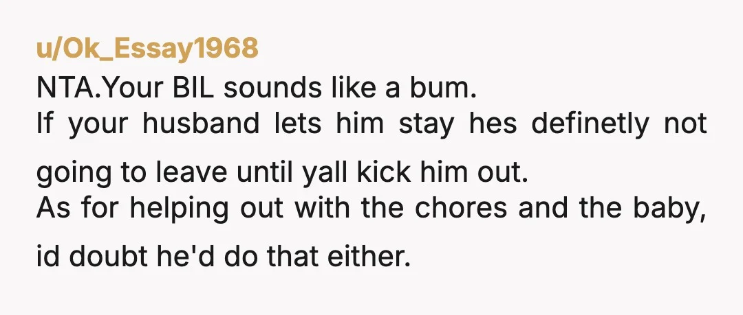 u/Ok_Essay1968 NTA.Your BIL sounds like a bum. If your husband lets him stay hes definetly not going to leave until yall kick him out. As for helping out with the...