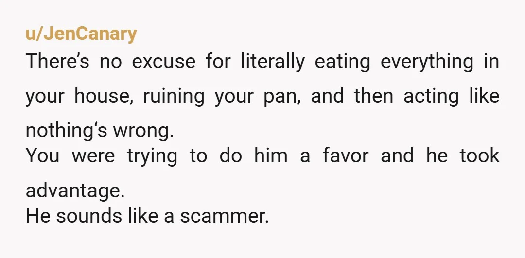 u/Grymflyk NTA. Why can't your husband put two and two together and figure out that the guy stole all your food. After that he still wants to be the guys...