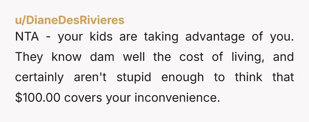 u/DianeDesRivieres NTA - your kids are taking advantage of you. They know dam well the cost of living, and certainly aren't stupid enough to think that $100.00 covers your inconvenience.