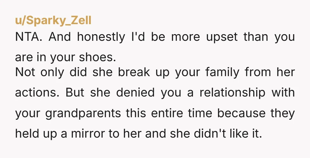 u/winnipegwinifred NTA. My mom is basically the same. Haaaated her parents (my grandparents… and all her siblings honestly) after we turned 10. Downright barred me and my siblings from seeing...