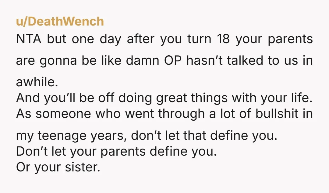 u/DeathWench NTA but one day after you turn 18 your parents are gonna be like damn OP hasn’t talked to us in awhile. And you’ll be off doing great things...