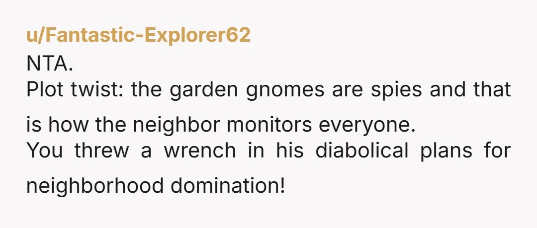 u/Fantastic-Explorer62 NTA. Plot twist: the garden gnomes are spies and that is how the neighbor monitors everyone. You threw a wrench in his diabolical plans for neighborhood domination!