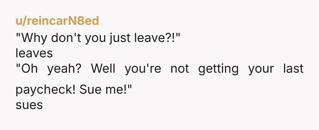 u/reincarN8ed "Why don't you just leave?!" leaves "Oh yeah? Well you're not getting your last paycheck! Sue me!" sues