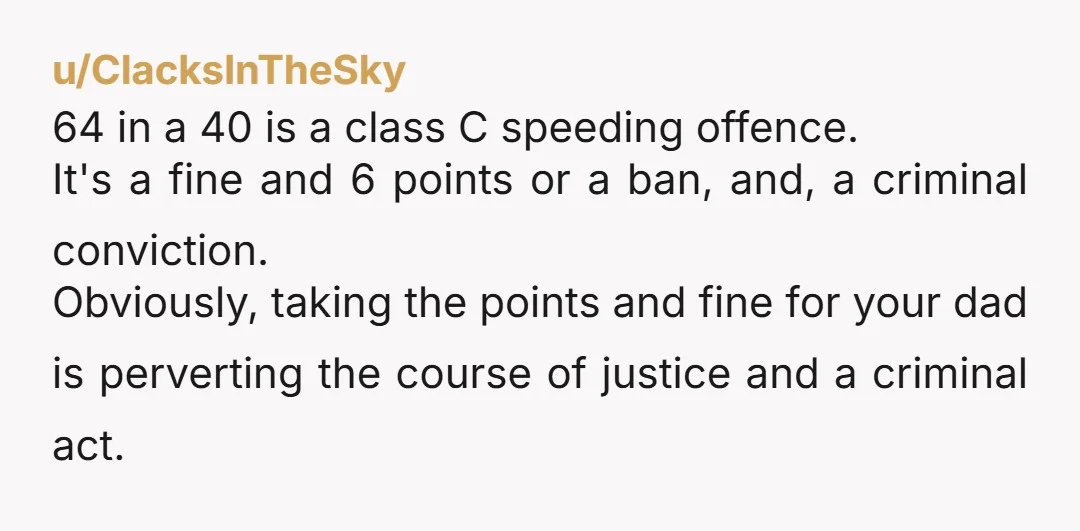 u/ClacksInTheSky 64 in a 40 is a class C speeding offence. It's a fine and 6 points or a ban, and, a criminal conviction. Obviously, taking the points and fine...