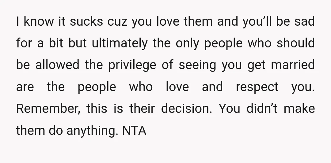 u/unripened_pickles222
NTA.
They are being very manipulative.
They’re being vindictive and trying to ruin your wedding.
I’m so sorry.