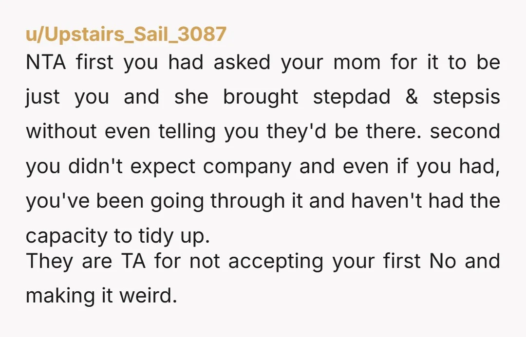 u/Tess408 NTA. Mom is pissed because she wanted to play happy families. She sees stepdad and stepdaughter having a nice relationship and tell them it's all YOUR fault. Then you...