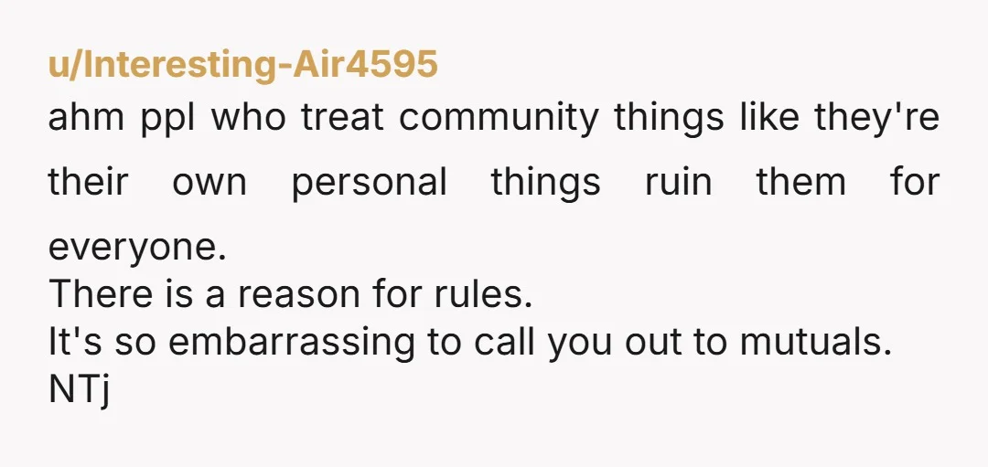 u/Interesting-Air4595 ahm ppl who treat community things like they're their own personal things ruin them for everyone. There is a reason for rules. It's so embarrassing to call you out...