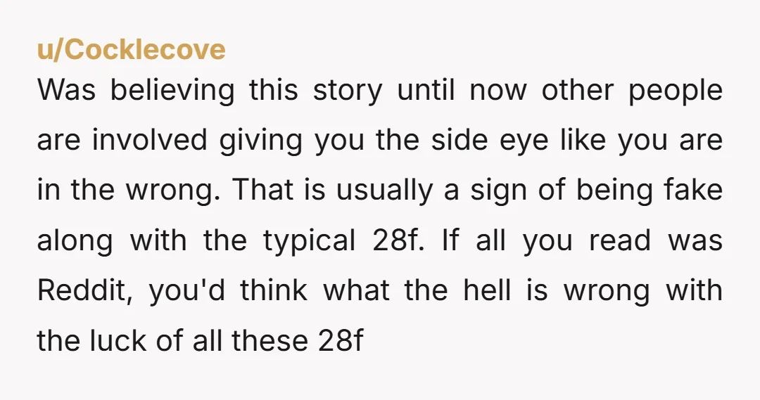 u/Cocklecove Was believing this story until now other people are involved giving you the side eye like you are in the wrong. That is usually a sign of being fake...