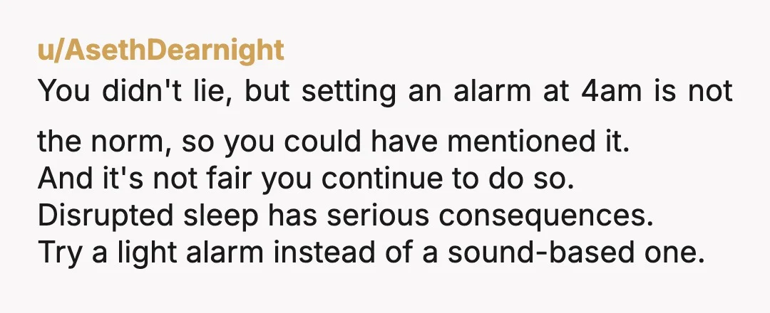 u/AsethDearnight You didn't lie, but setting an alarm at 4am is not the norm, so you could have mentioned it. And it's not fair you continue to do so. Disrupted...