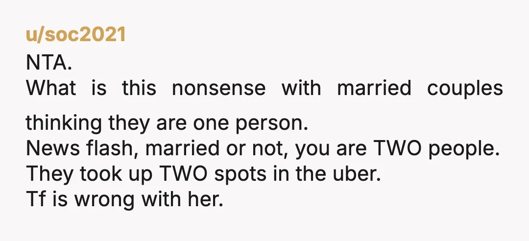 u/Interesting_Ad1378 Someone mentioned the correct analysis: theoretically if you’re each grabbing your own uber and the couple grabs one and you grab another, that’s each of you paying 50/50.  So...