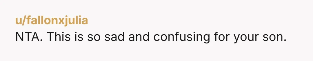 u/fallonxjulia NTA. This is so sad and confusing for your son.