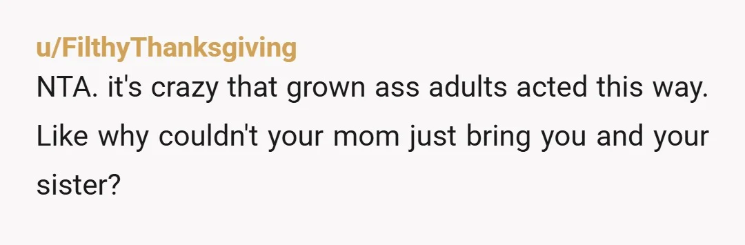 u/FilthyThanksgiving NTA. it's crazy that grown ass adults acted this way. Like why couldn't your mom just bring you and your sister?