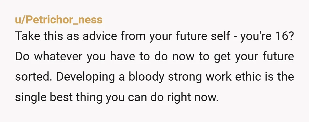 u/Petrichor_ness Take this as advice from your future self - you're 16? Do whatever you have to do now to get your future sorted. Developing a bloody strong work ethic...