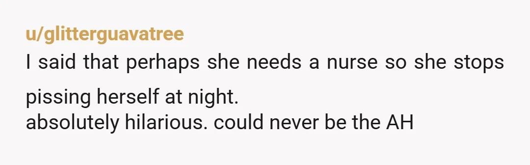 u/glitterguavatree
I said that perhaps she needs a nurse so she stops pissing herself at night.
absolutely hilarious. could never be the AH
